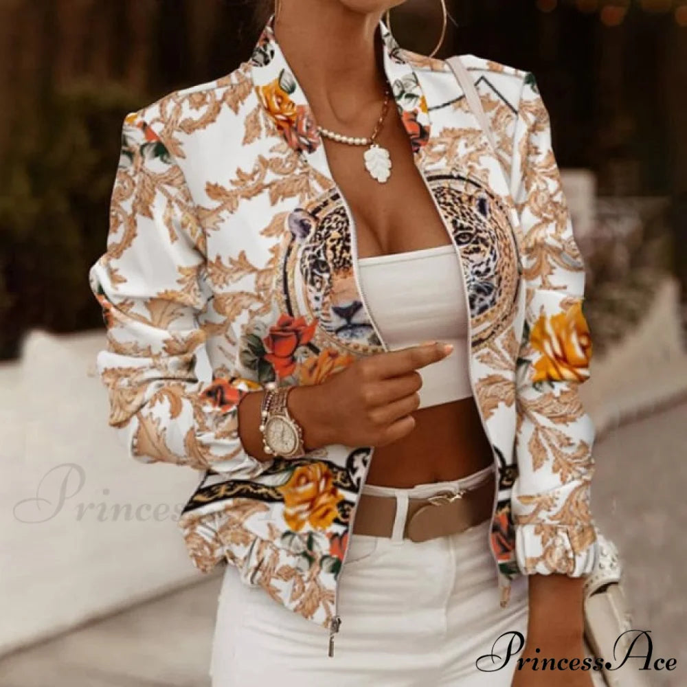 Casual Thin Vintage Print Ladies Coat White yellow leaves / S