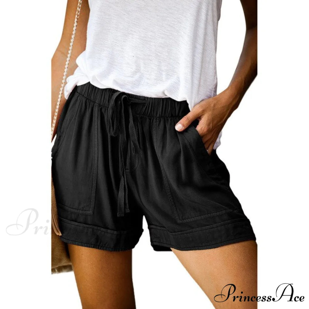 Casual Tie Elastic Waist Plus Size Shorts Black / S