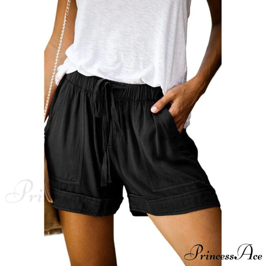 Casual Tie Elastic Waist Plus Size Shorts Black / S