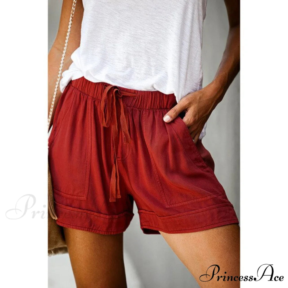 Casual Tie Elastic Waist Plus Size Shorts Burgundy / S