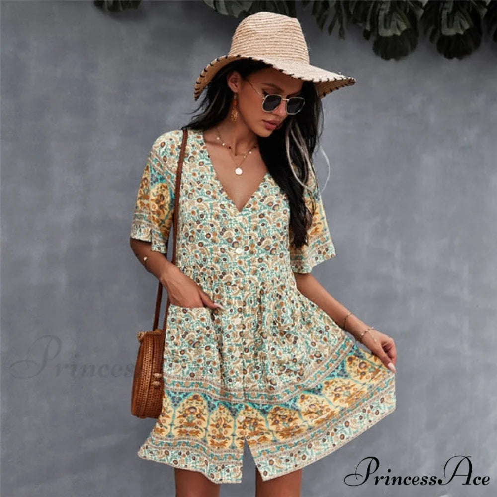 Casual V Neck Bohemian Short Sleeve Dress Beige / S