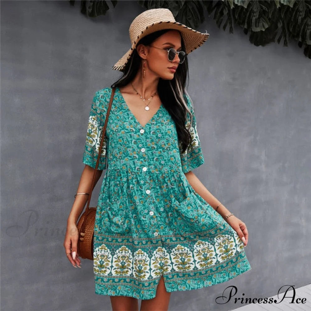 Casual V Neck Bohemian Short Sleeve Dress green / S