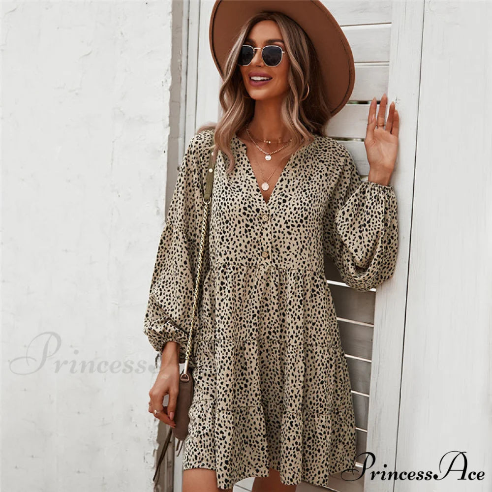 Casual V Neck Button Full Sleeve Dot Mini Dresses