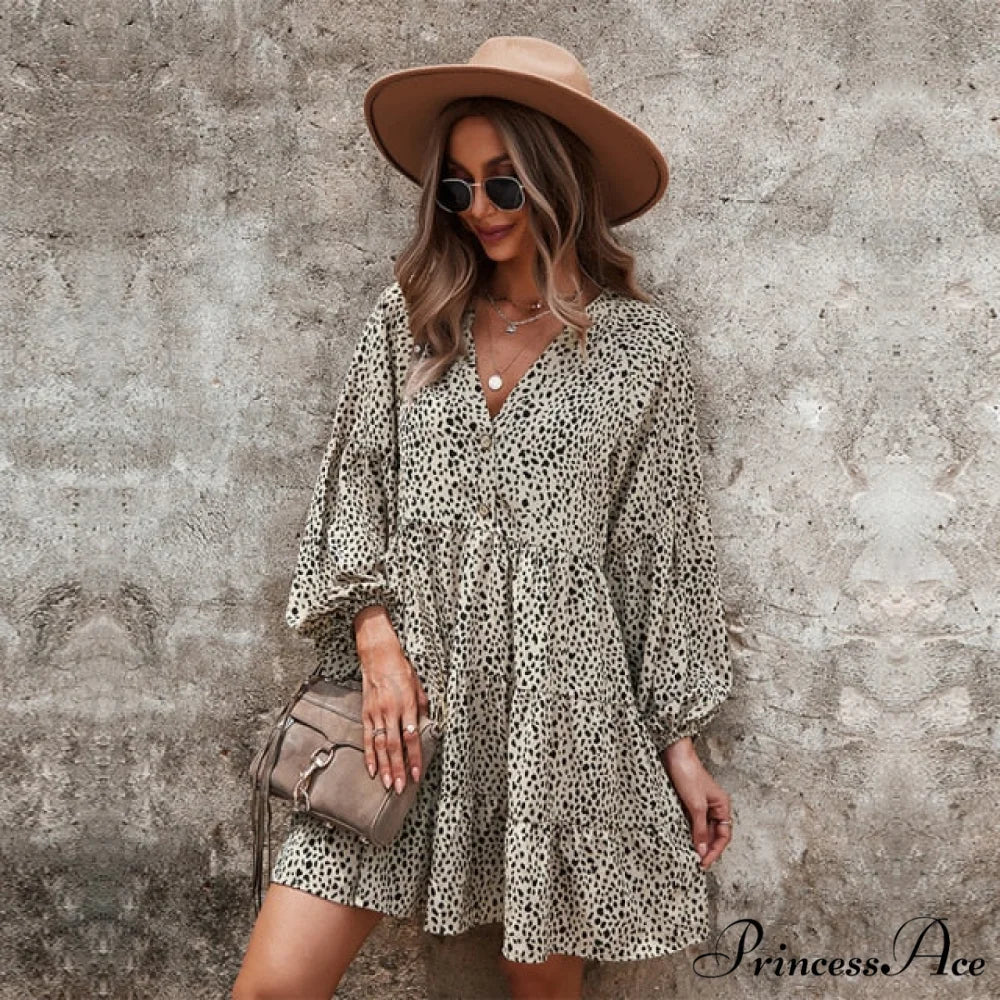 Casual V Neck Button Full Sleeve Dot Mini Dresses Khaki / S
