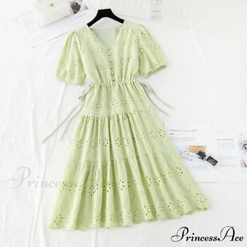 Casual V-neck Cotton Linen Long Dress green / S