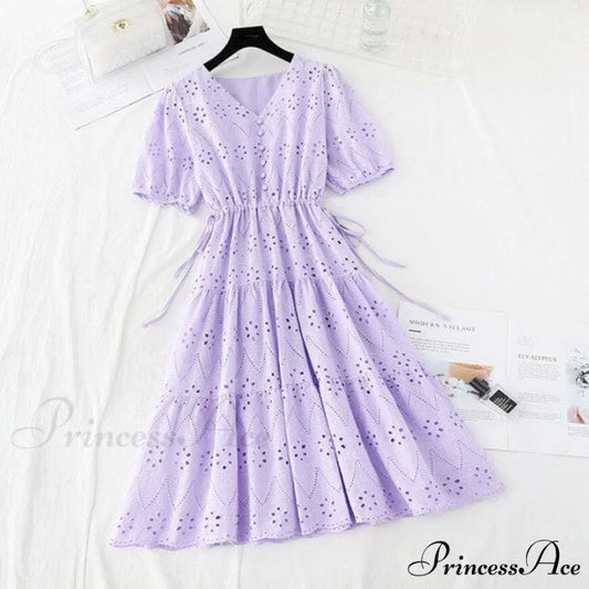 Casual V-neck Cotton Linen Long Dress Lavender / S