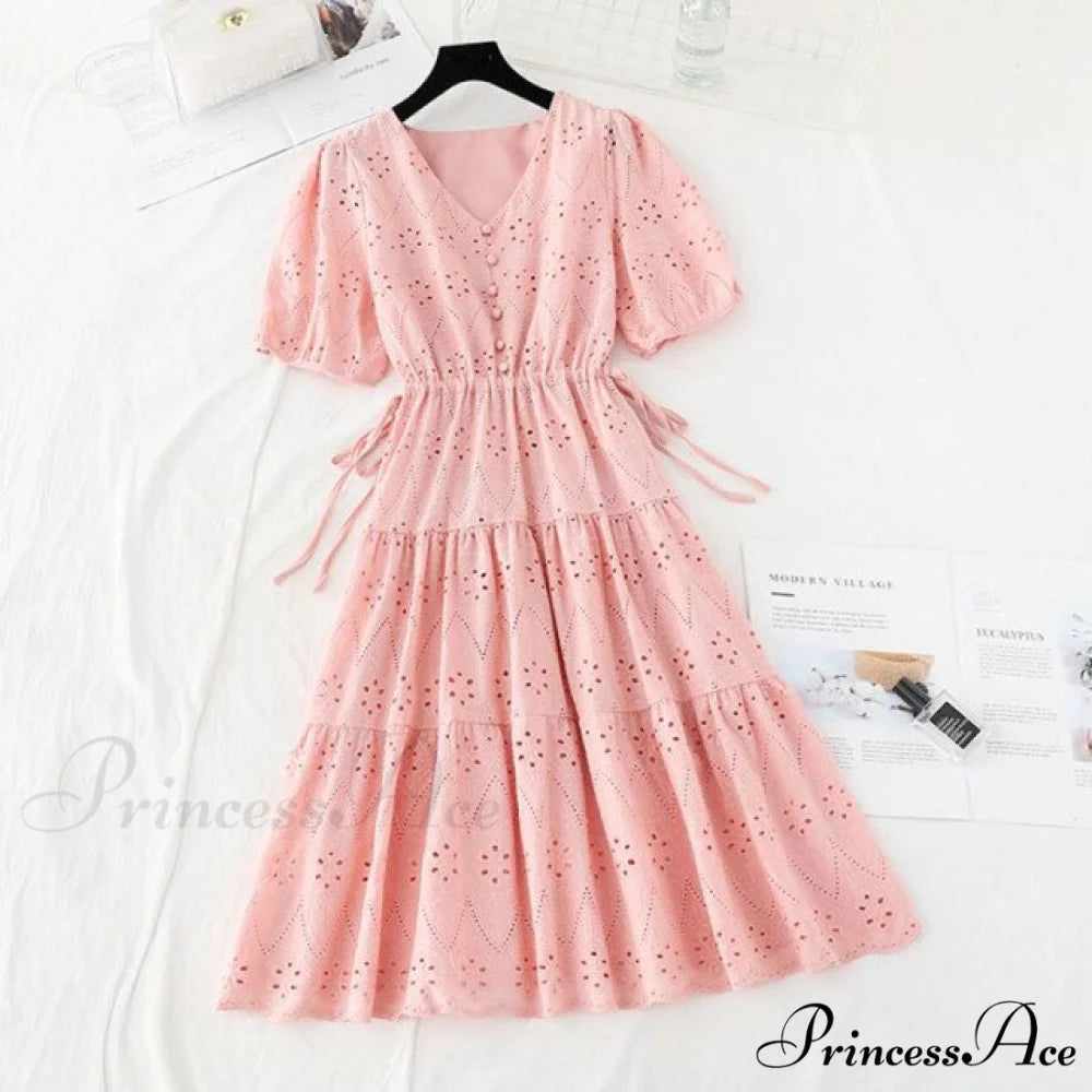 Casual V-neck Cotton Linen Long Dress Pink / S