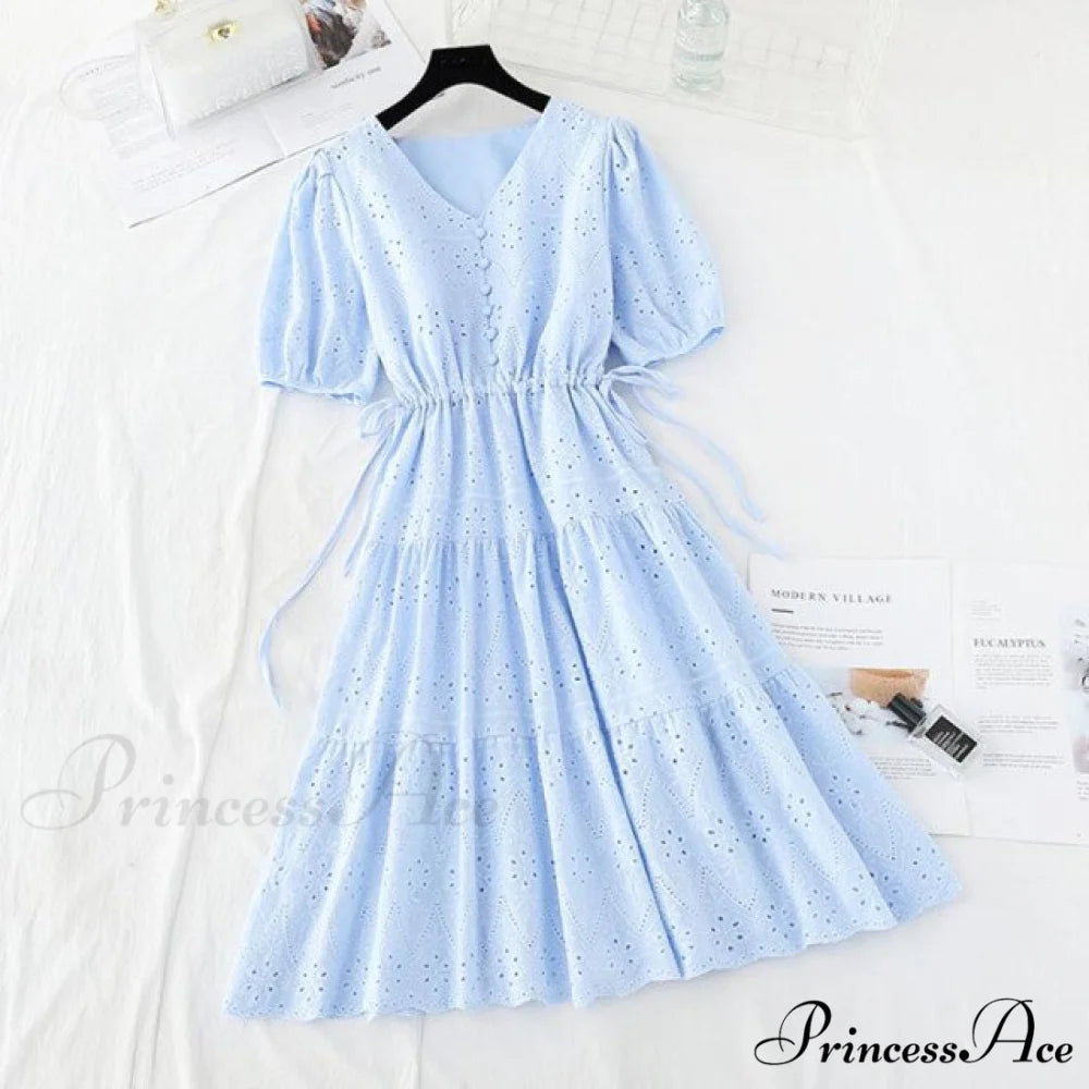 Casual V-neck Cotton Linen Long Dress sky blue / S