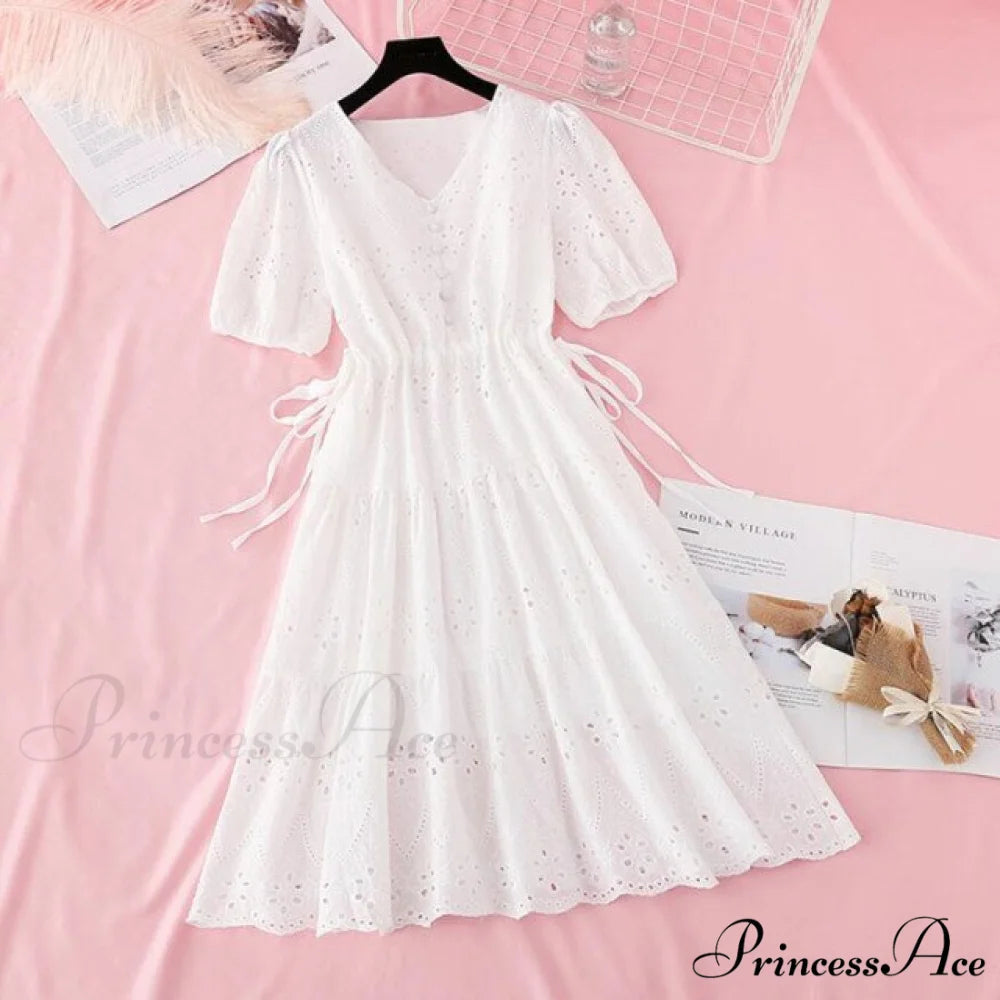 Casual V-neck Cotton Linen Long Dress white / S