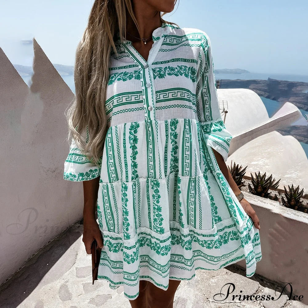 Casual V-neck High Waist Green Mini Dresses