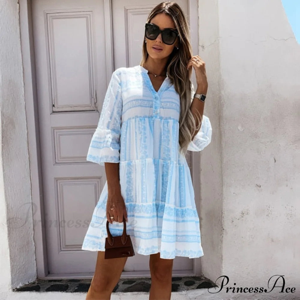 Casual V-neck High Waist Green Mini Dresses Blue / S