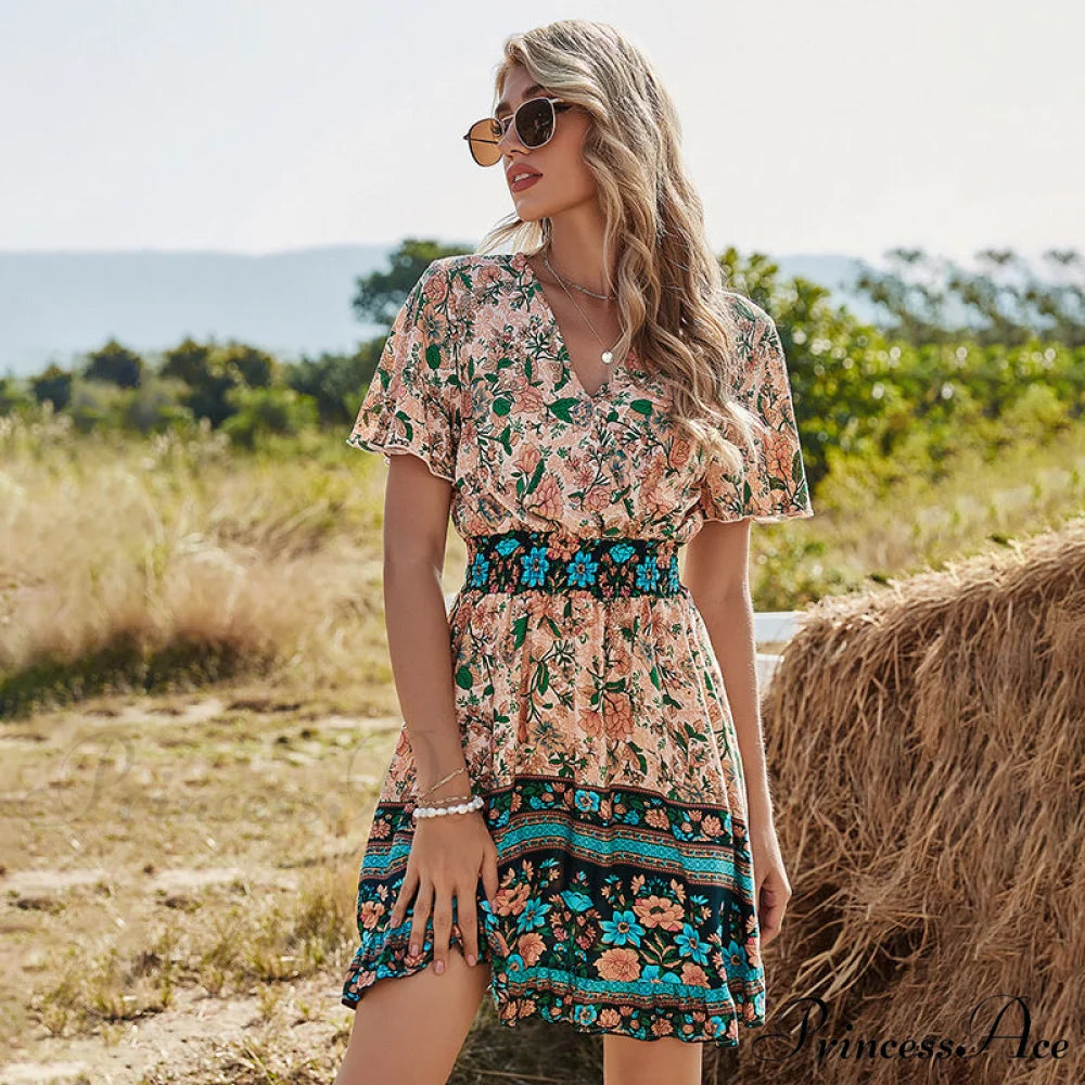 Casual V Neck High Waist Short Sleeve Print Dress