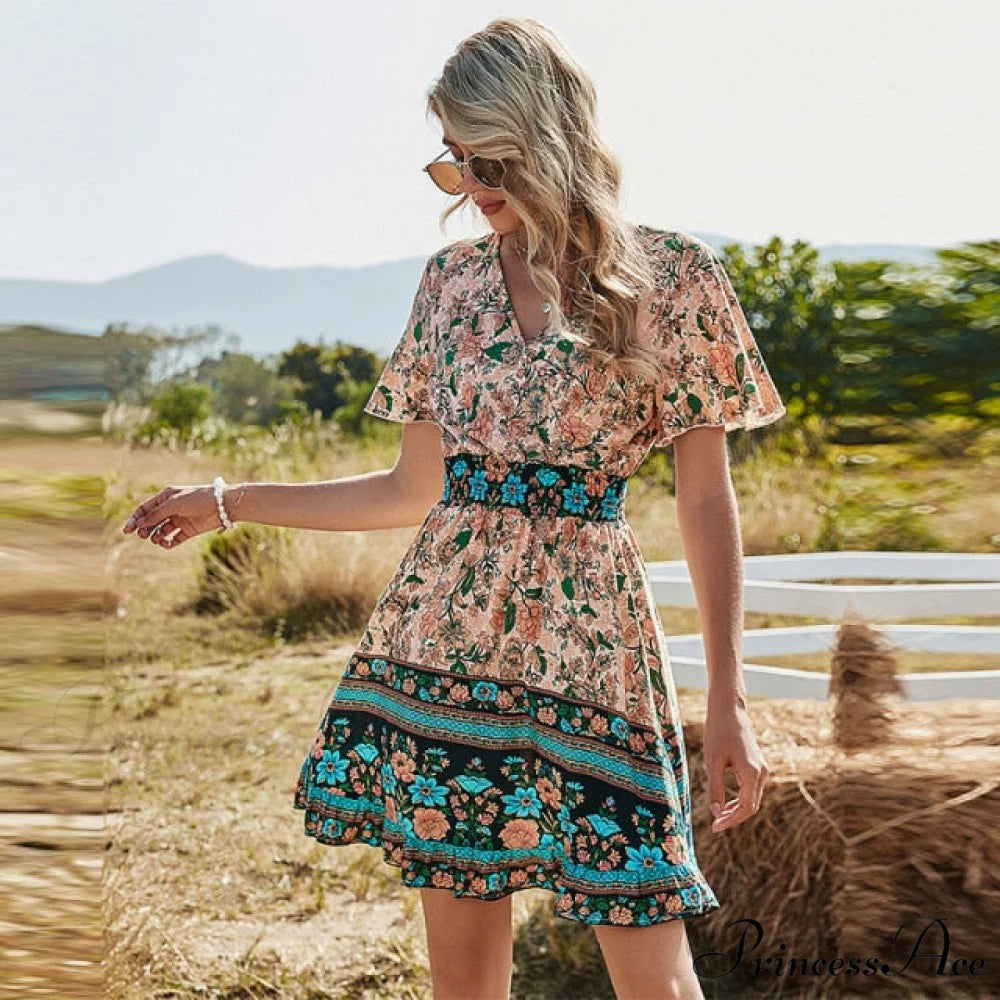 Casual V Neck High Waist Short Sleeve Print Dress Apricot / S