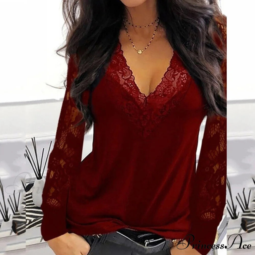 Casual V-neck Lace Long Sleeve Sexy Solid Color Shirt