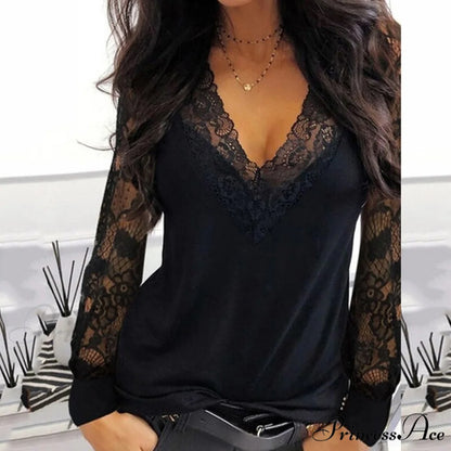 Casual V-neck Lace Long Sleeve Sexy Solid Color Shirt