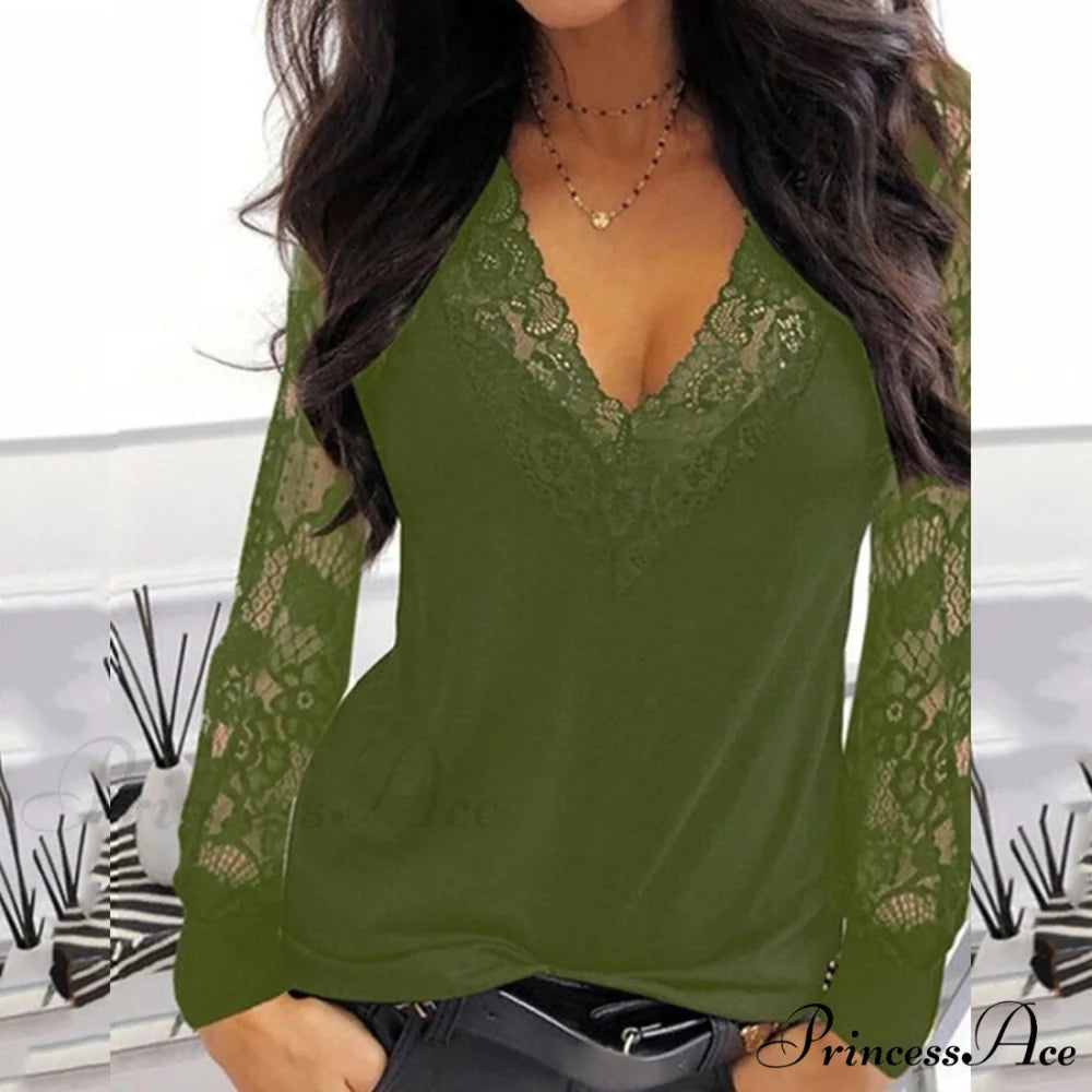 Casual V-neck Lace Long Sleeve Sexy Solid Color Shirt