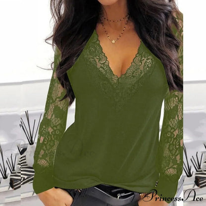 Casual V-neck Lace Long Sleeve Sexy Solid Color Shirt
