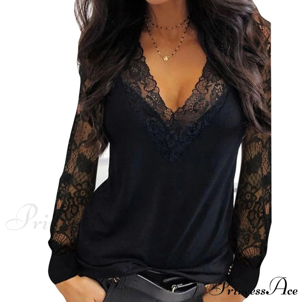Casual V-neck Lace Long Sleeve Sexy Solid Color Shirt Black / S