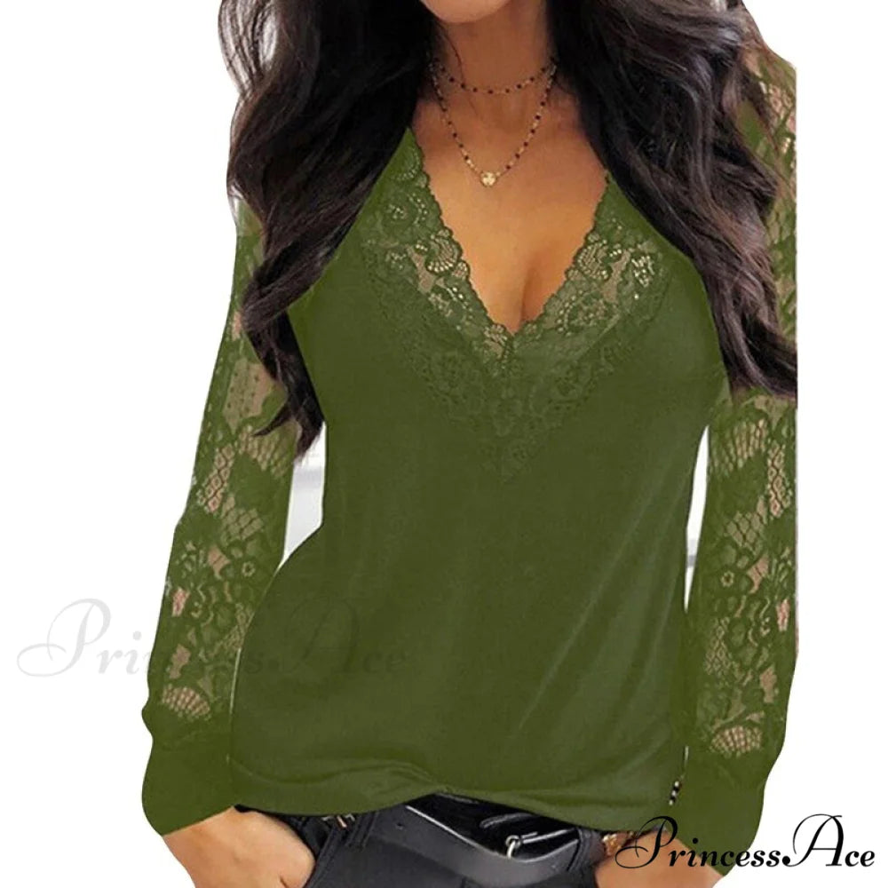 Casual V-neck Lace Long Sleeve Sexy Solid Color Shirt Green / S