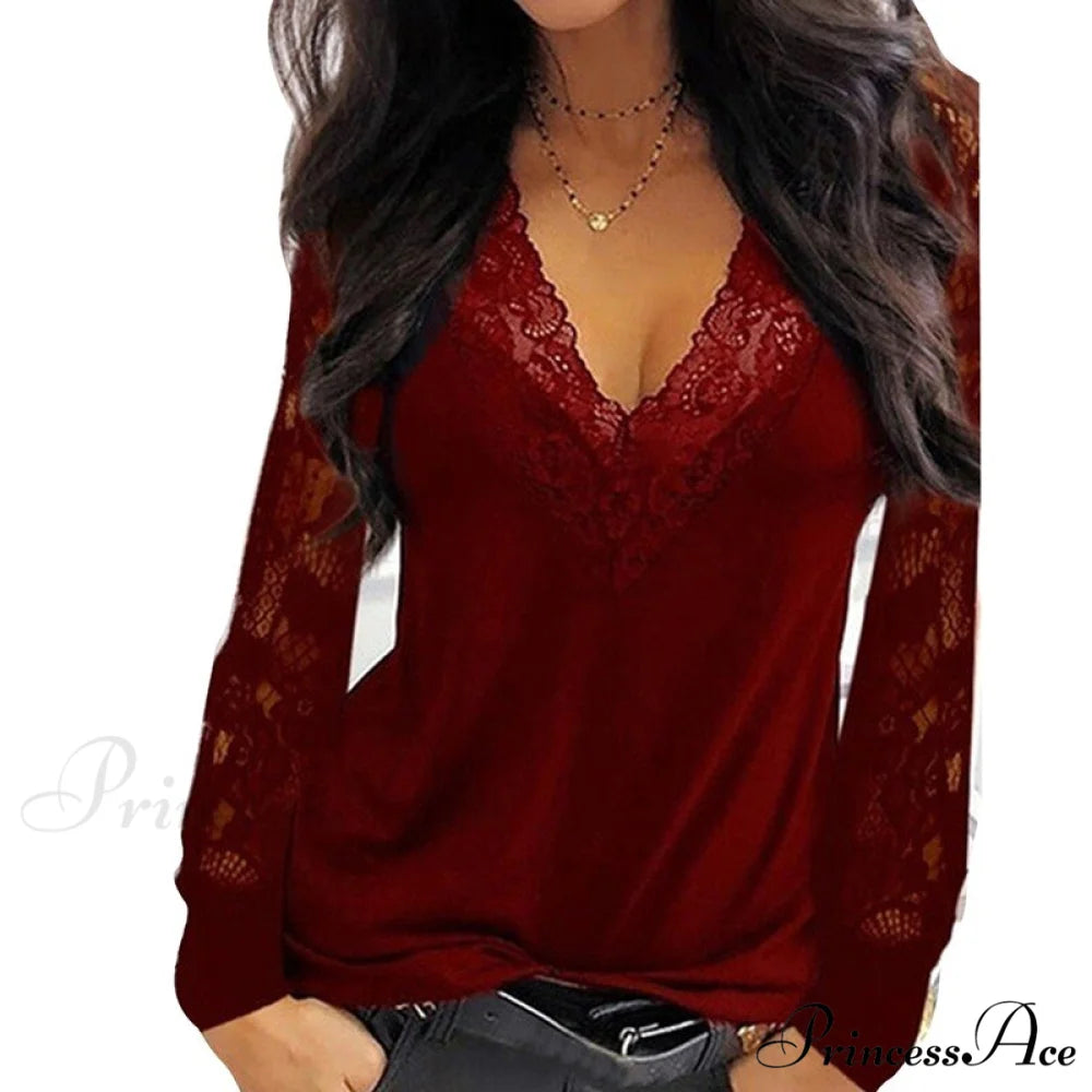 Casual V-neck Lace Long Sleeve Sexy Solid Color Shirt Red / S