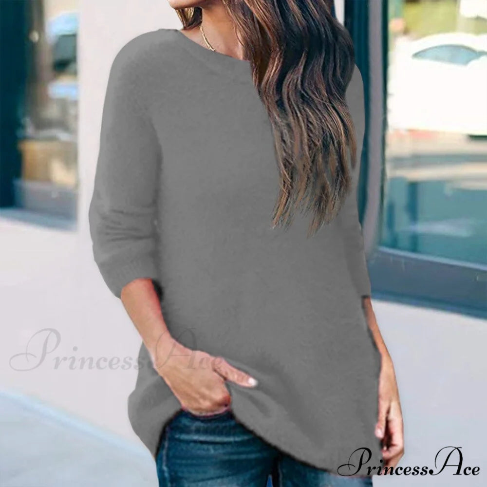 Casual V-neck Lace Long Sleeve Sexy Solid Color Shirt StyleB-gray / S