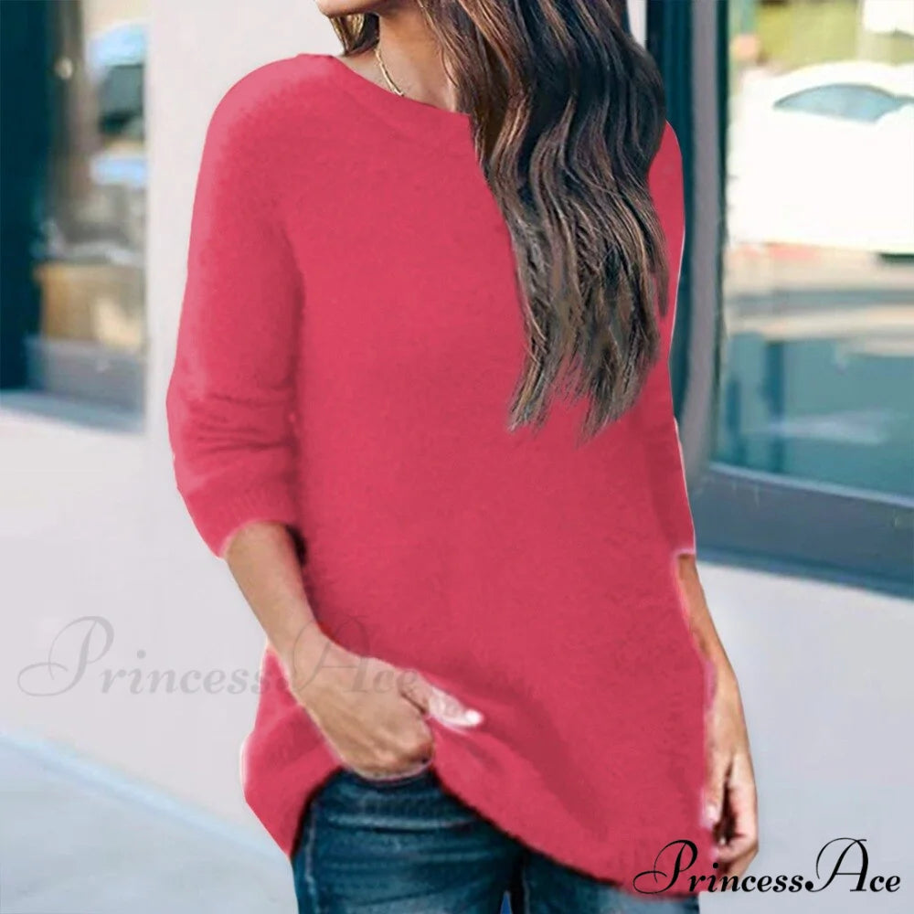 Casual V-neck Lace Long Sleeve Sexy Solid Color Shirt StyleB-red / S