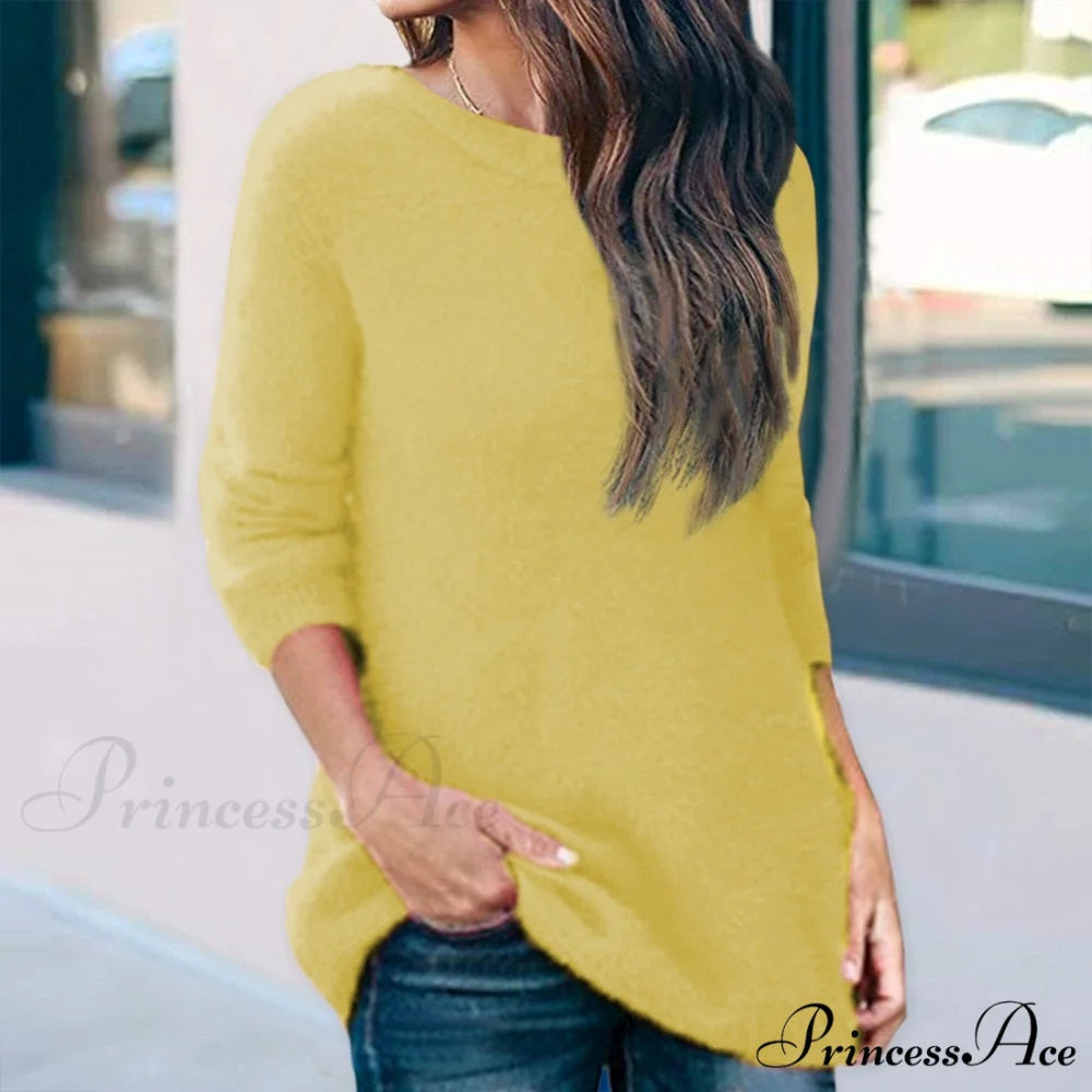 Casual V-neck Lace Long Sleeve Sexy Solid Color Shirt StyleB-yellow / S