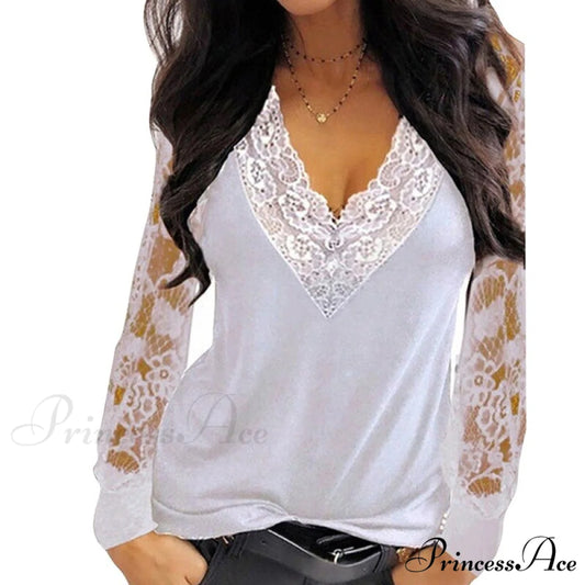 Casual V-neck Lace Long Sleeve Sexy Solid Color Shirt White / S