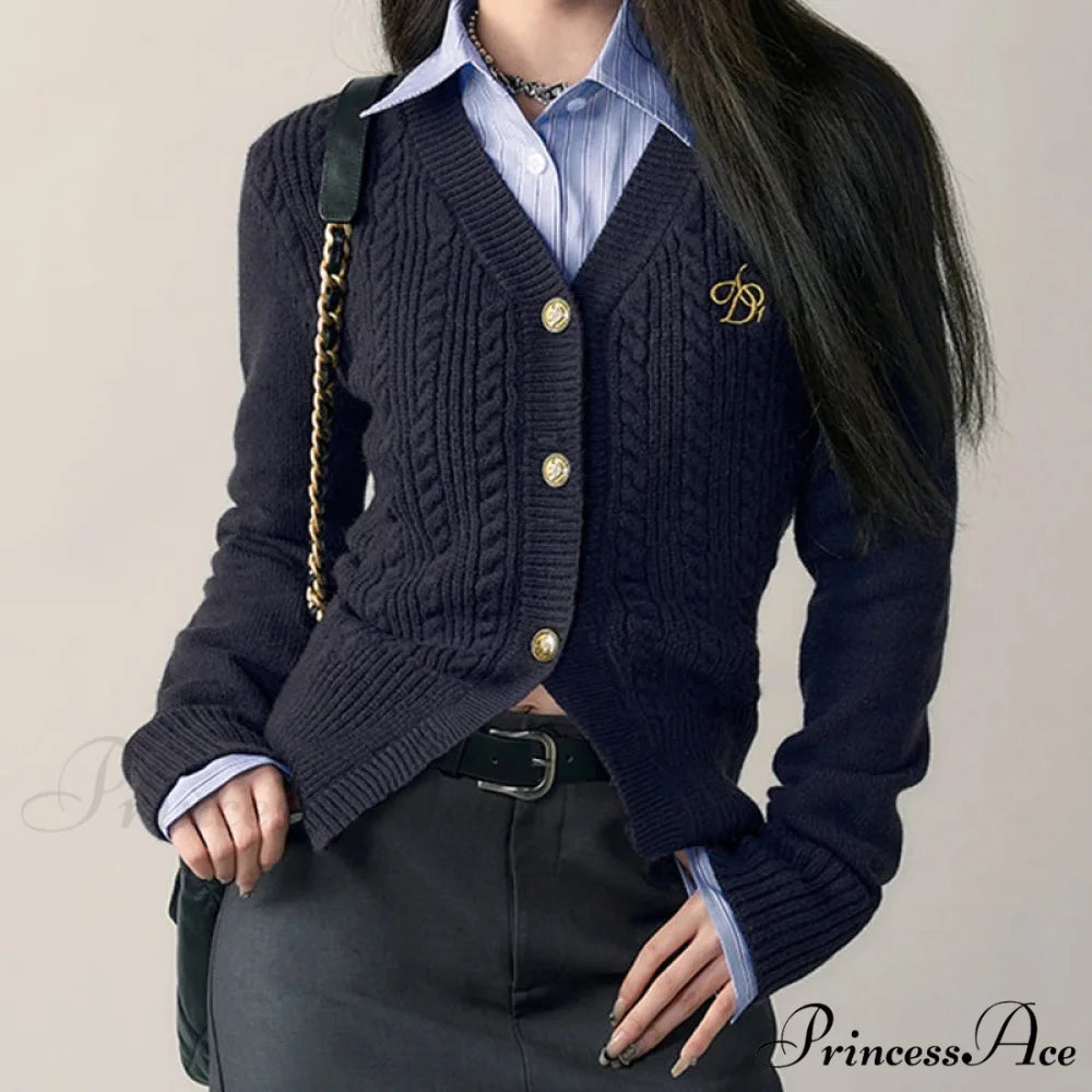 Casual V-Neck Red Slim Knit Cardigan Navy Blue / One Size