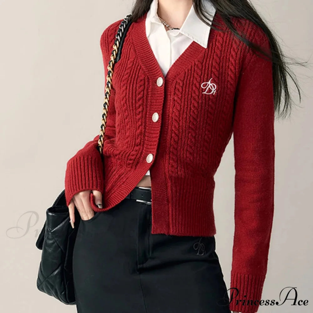 Casual V-Neck Red Slim Knit Cardigan Red / One Size