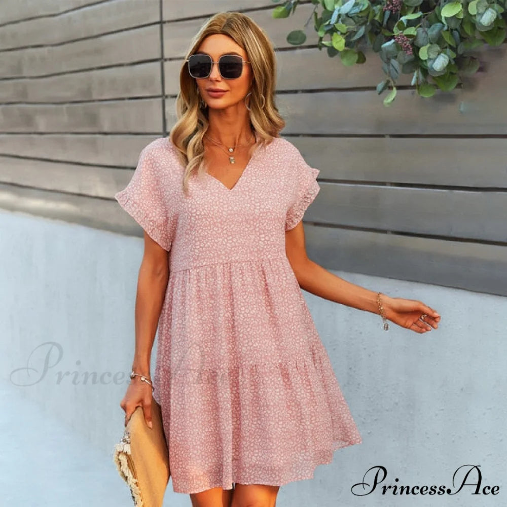 Casual V Neck Ruffles Beach Mini Chiffon Dress Pink / S