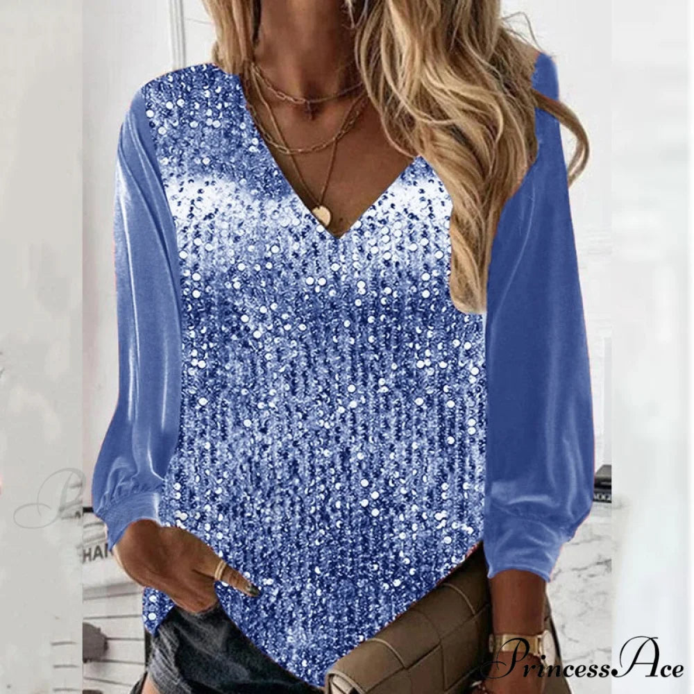 Casual V-neck Shiny Sequin Patchwork Loose Party Club Pullover