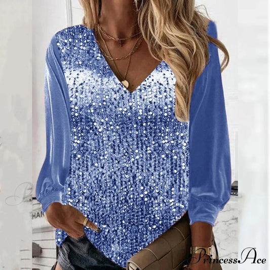 Casual V-neck Shiny Sequin Patchwork Loose Party Club Pullover