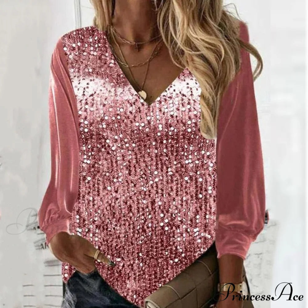 Casual V-neck Shiny Sequin Patchwork Loose Party Club Pullover