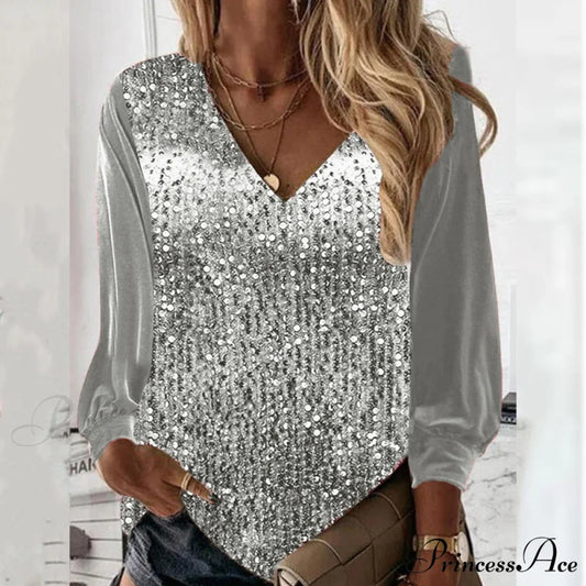 Casual V-neck Shiny Sequin Patchwork Loose Party Club Pullover