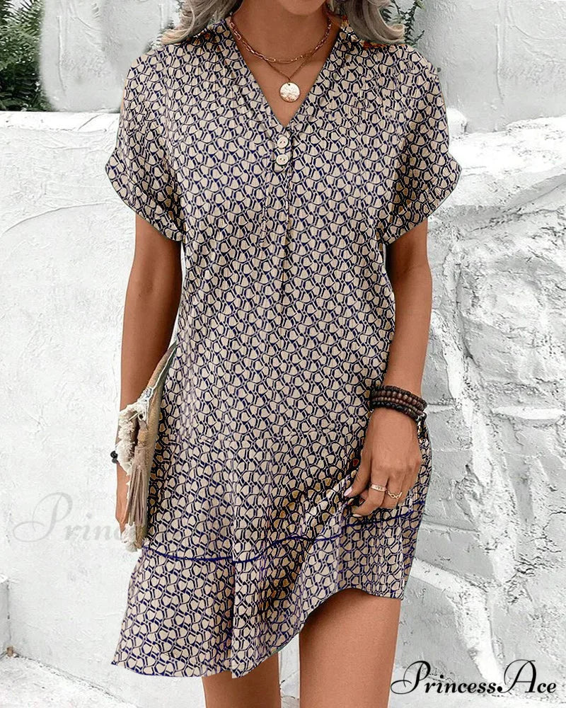 Casual V Neck Short Sleeve Dress Brown / S