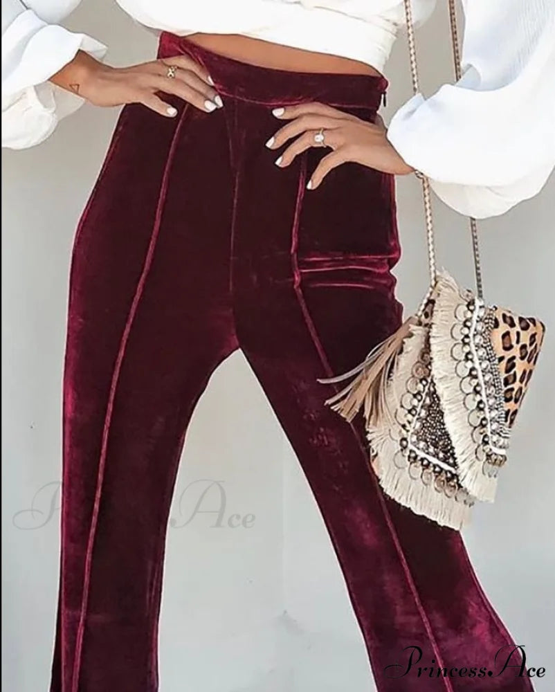 Casual Velvet High Waist Flared Pants