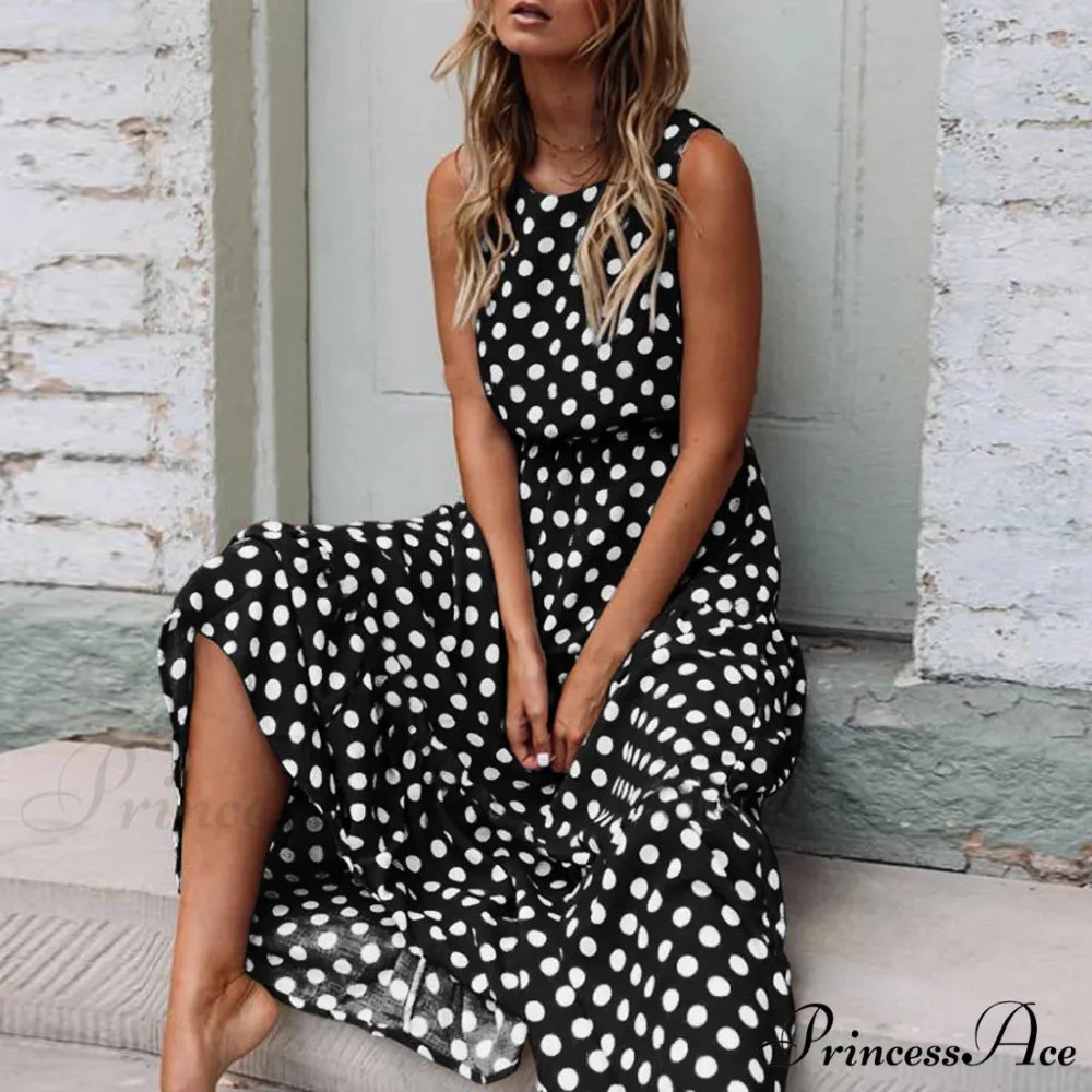 Casual Versatile Sleeveless Round Neck Polka Dot Boho Dress BLACK / S