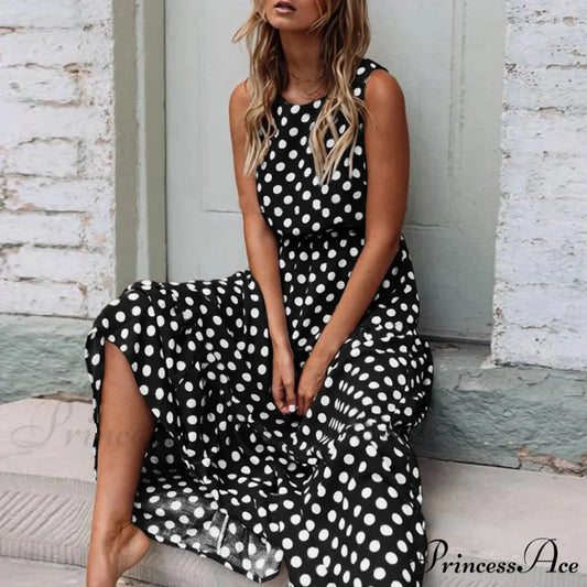 Casual Versatile Sleeveless Round Neck Polka Dot Boho Dress BLACK / S