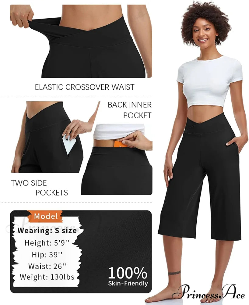 Casual Wide Leg Yoga Capris Crossover High Waist Capri Pants
