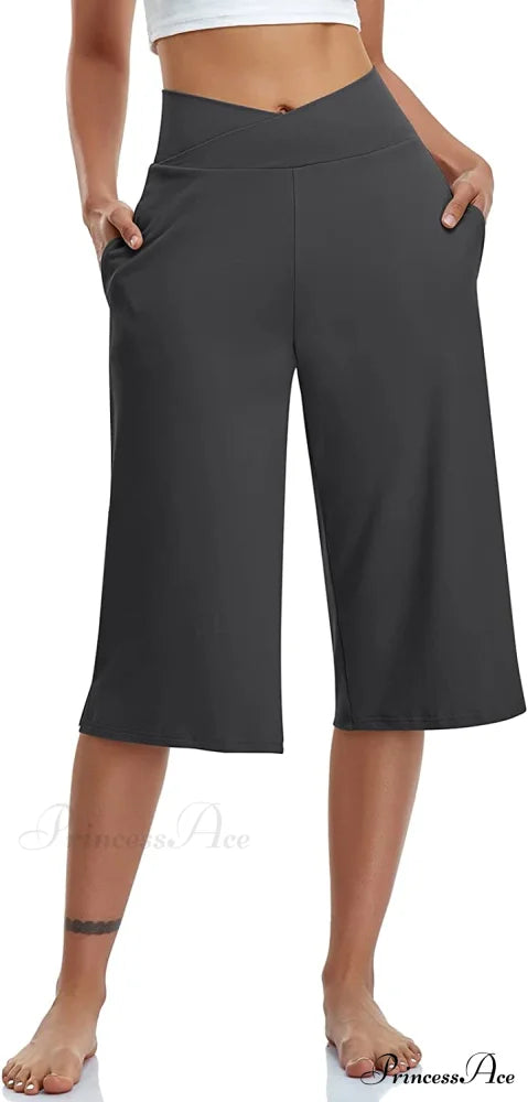 Casual Wide Leg Yoga Capris Crossover High Waist Capri Pants