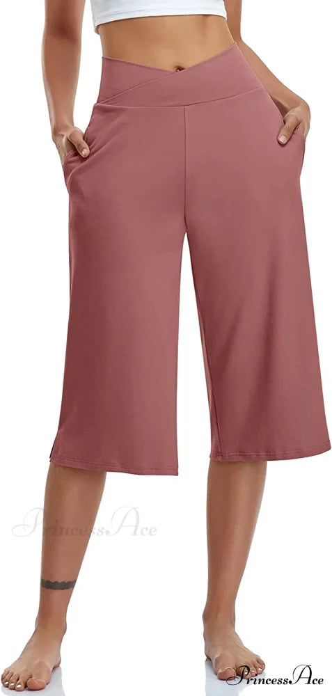 Casual Wide Leg Yoga Capris Crossover High Waist Capri Pants