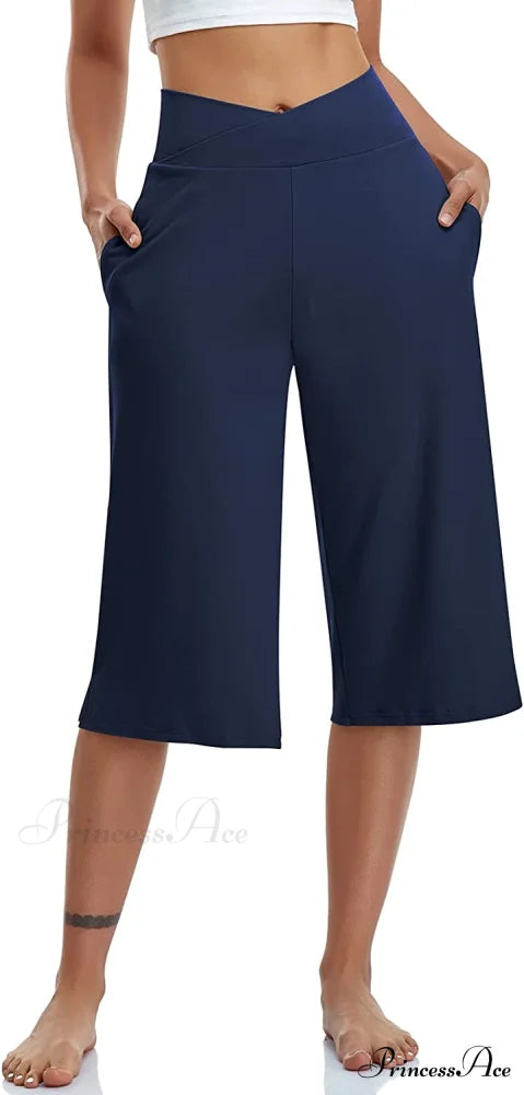 Casual Wide Leg Yoga Capris Crossover High Waist Capri Pants