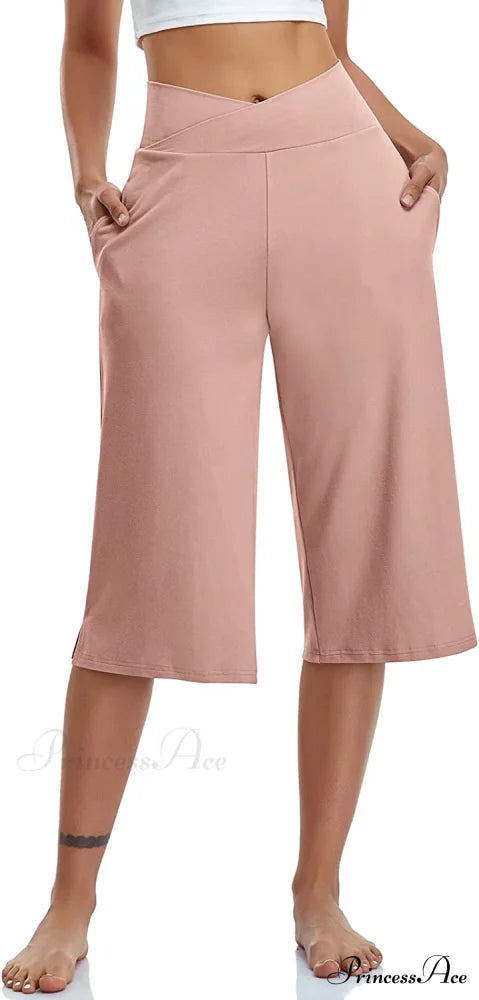 Casual Wide Leg Yoga Capris Crossover High Waist Capri Pants
