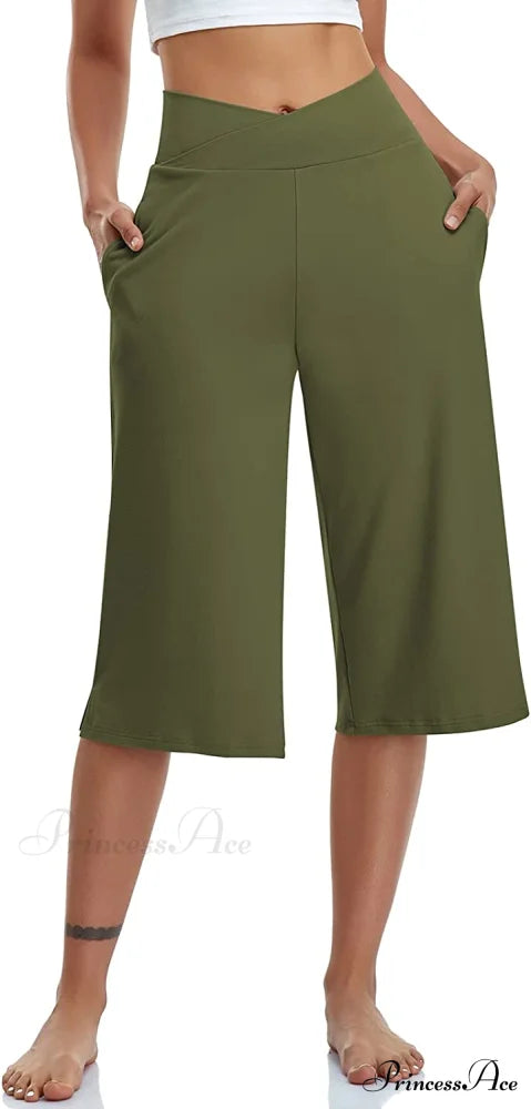 Casual Wide Leg Yoga Capris Crossover High Waist Capri Pants