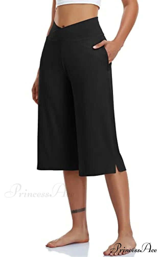 Casual Wide Leg Yoga Capris Crossover High Waist Capri Pants