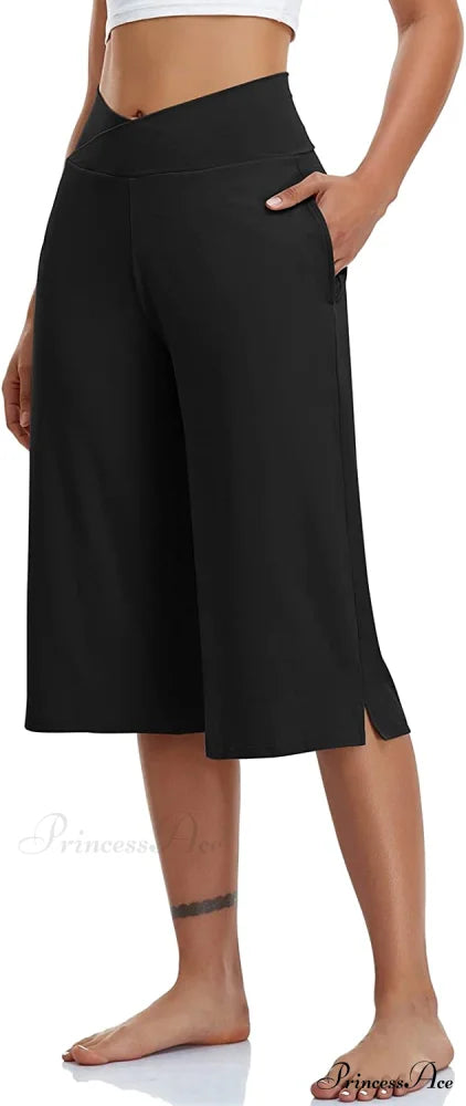 Casual Wide Leg Yoga Capris Crossover High Waist Capri Pants Black / X-Large