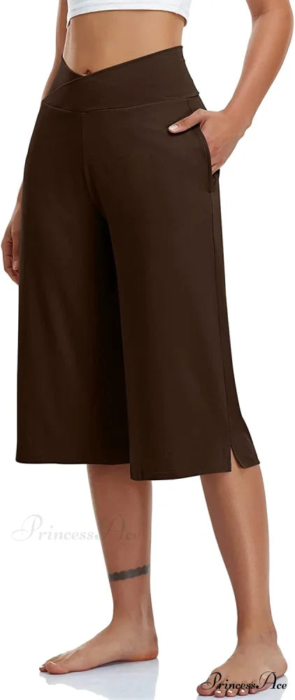 Casual Wide Leg Yoga Capris Crossover High Waist Capri Pants Dark Brown / X-Large