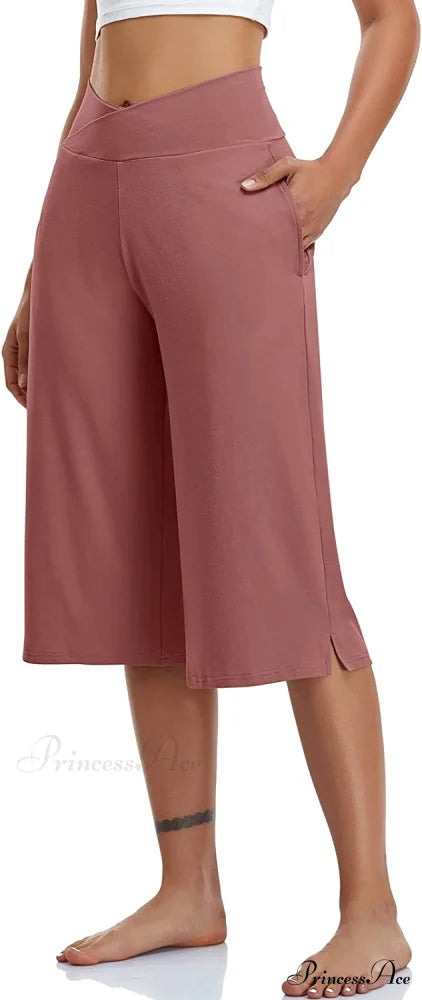 Casual Wide Leg Yoga Capris Crossover High Waist Capri Pants Dusty Rose / X-Large