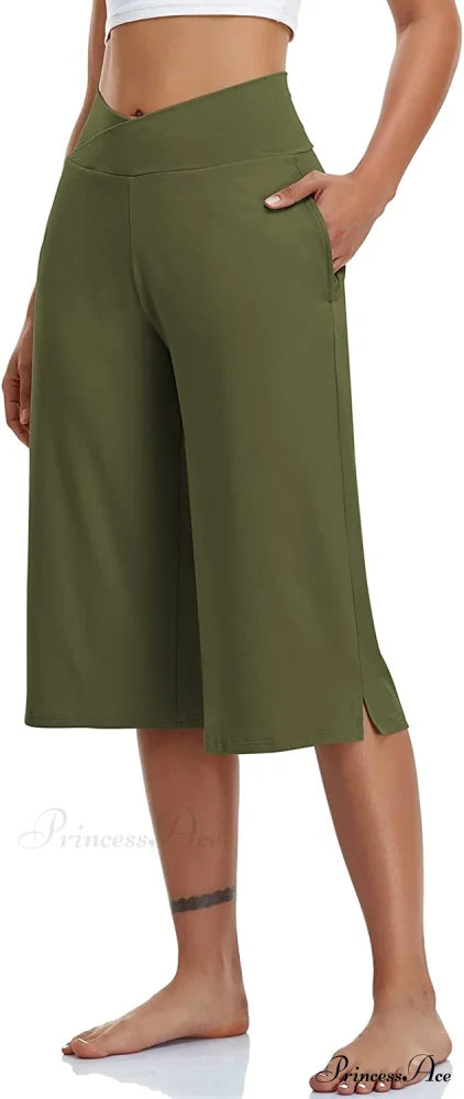 Casual Wide Leg Yoga Capris Crossover High Waist Capri Pants Green / X-Large